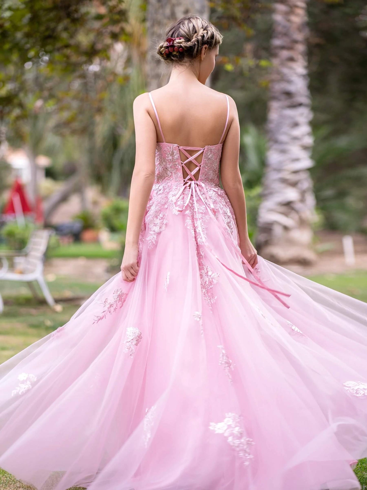 Deep V-Neck Applique Lace Floor Length Tulle Prom Dress - Prom Dresses - DYAVOR®