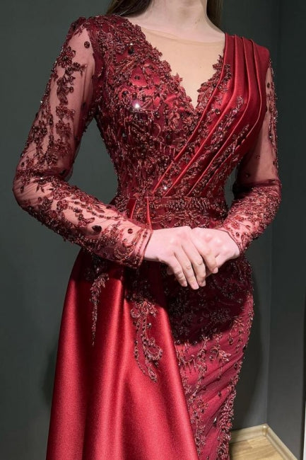 Designer Long Burgundy Lace Beading Mermaid Evening Dresses With Long Sleeves - Prom Dresses - DYAVOR®