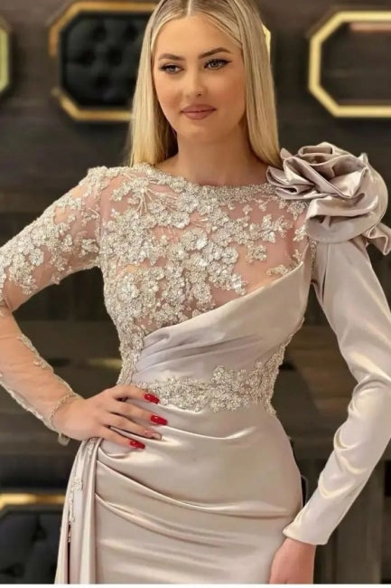 Designer Long Champagne Mermaid Lace Evening Dresses With Long Sleeves - Prom Dresses - DYAVOR®