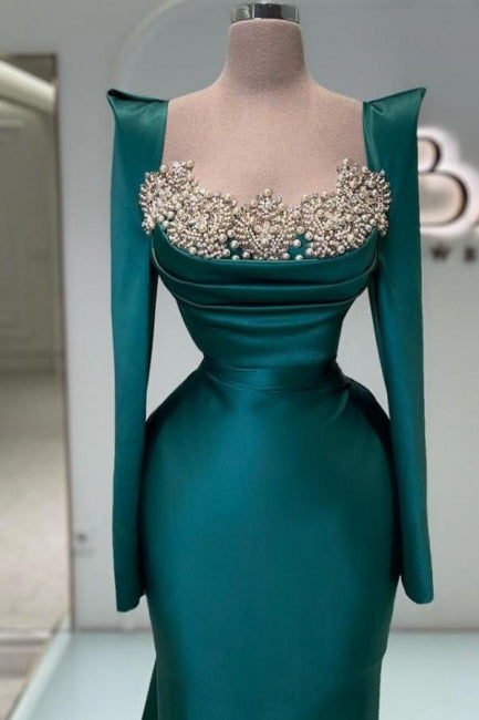 Designer Long Dark Green Beading Pearls Mermaid Prom Dresses with Long Sleeves - Prom Dresses - DYAVOR®