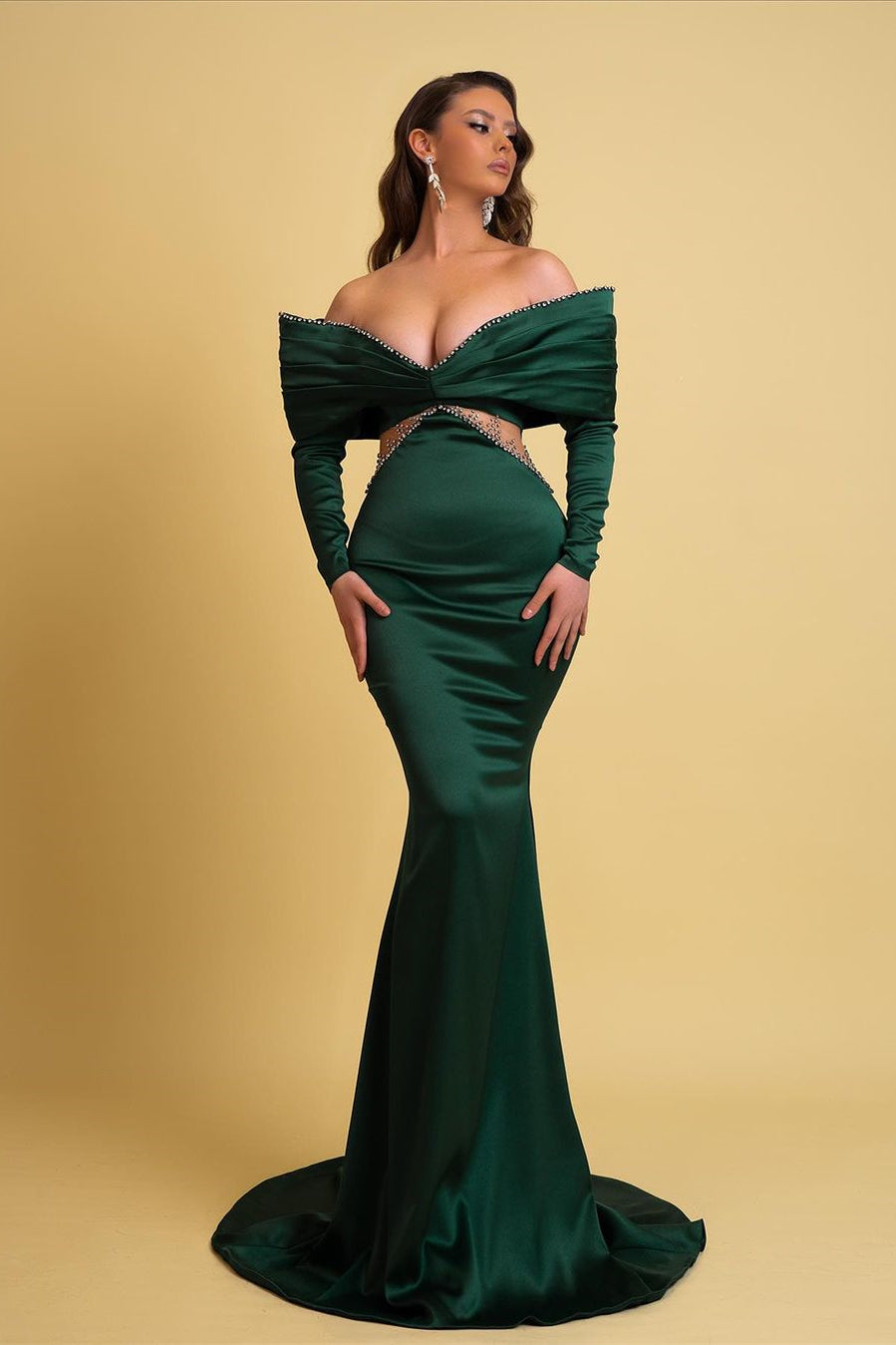 Designer Long Dark Green Mermaid Off-the-shoulder Rhinestones Prom Dress With Long Sleeves - Prom Dresses - DYAVOR®
