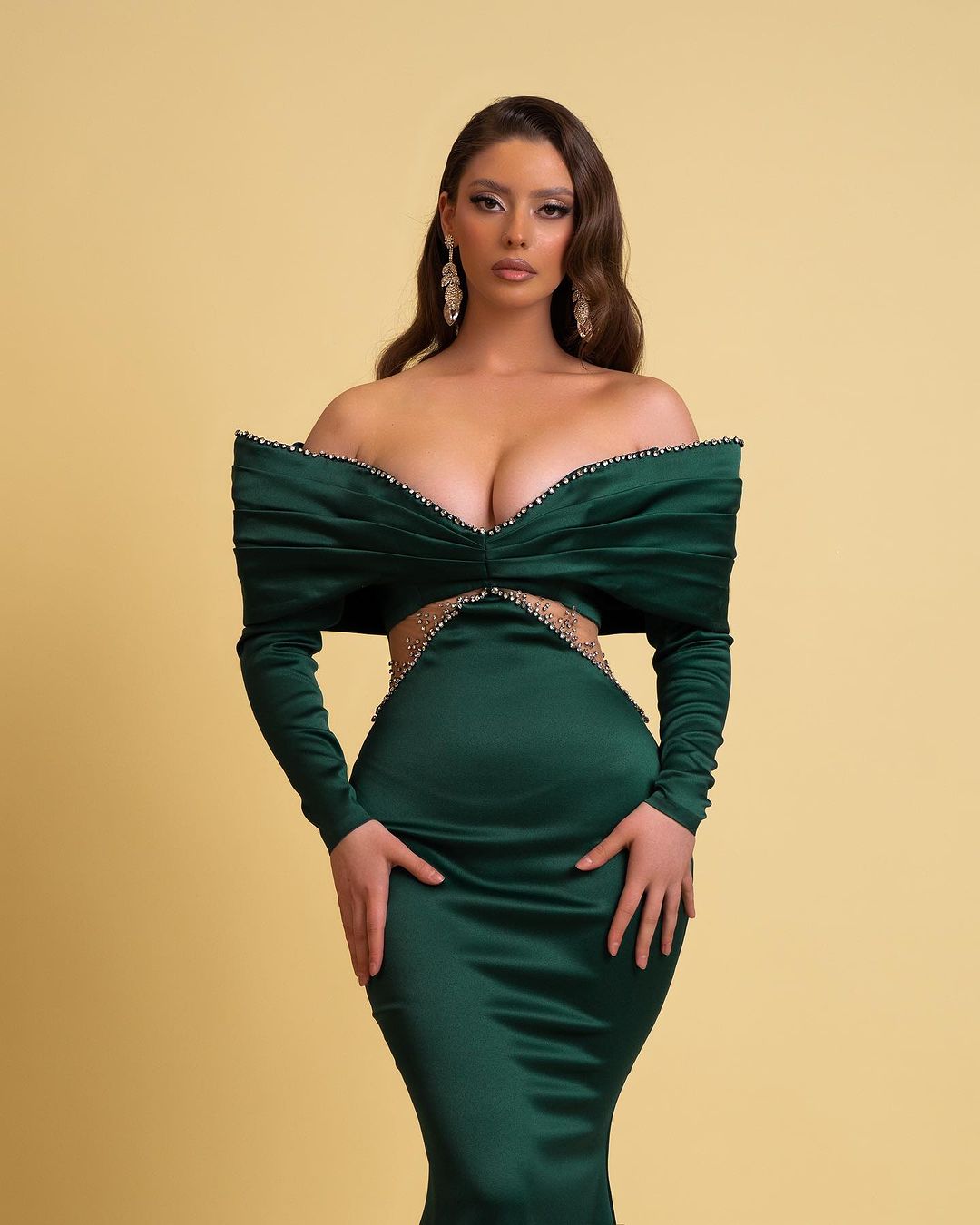 Designer Long Dark Green Mermaid Off-the-shoulder Rhinestones Prom Dress With Long Sleeves - Prom Dresses - DYAVOR®