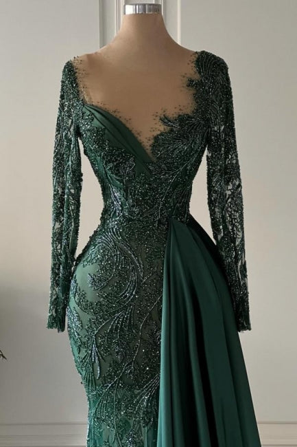 Designer Long Dark Green V-neck Lace Mermaid Prom Dresses with Long Sleeves - Prom Dresses - DYAVOR®