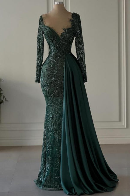 Designer Long Dark Green V-neck Lace Mermaid Prom Dresses with Long Sleeves - Prom Dresses - DYAVOR®