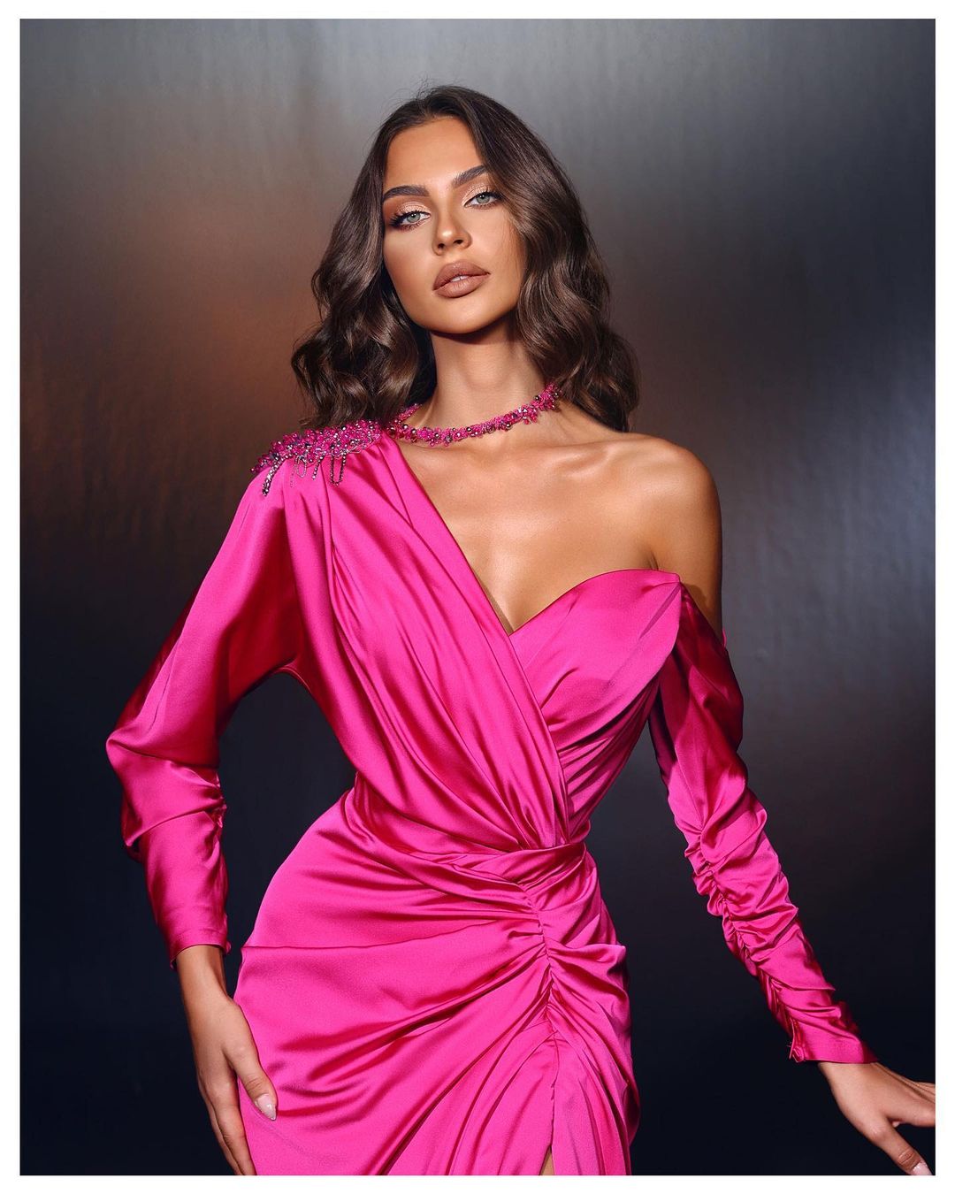 Designer Long Fuchsia One Shoulder Beading Long Sleeves Prom Dress With Slit - Prom Dresses - DYAVOR®