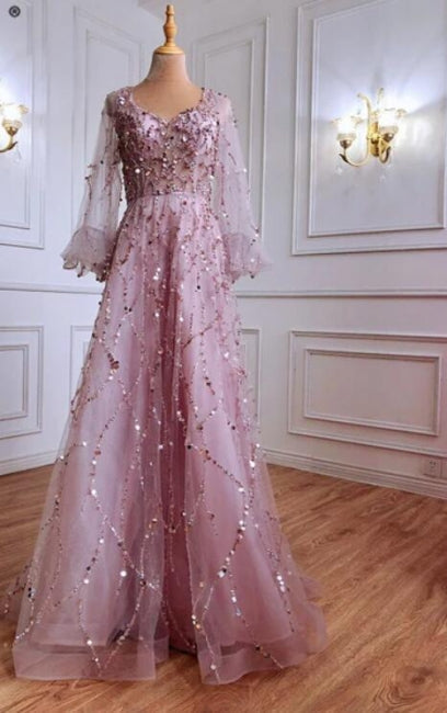 Designer Long Gold A-line Lace Sequined Long Sleeves Evening Dresses With Glitter - Prom Dresses - DYAVOR®