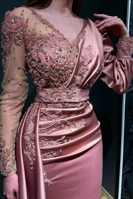 Designer Long Pink Beading Lace Evening Dress With Long Sleeves - Prom Dresses - DYAVOR®