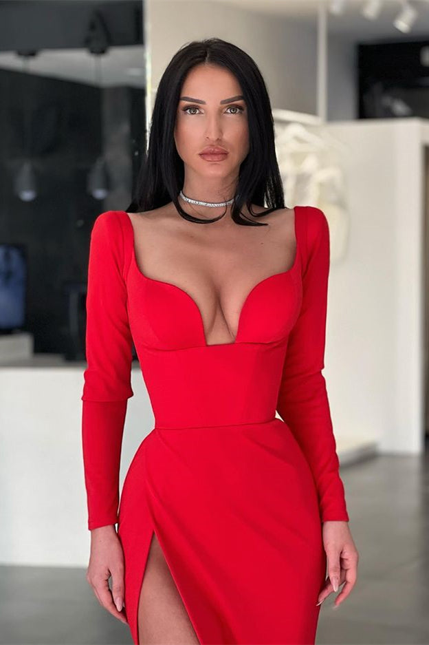 Designer Long Sexy Red Long Sleeves Prom Dress With Slit - Prom Dresses - DYAVOR®