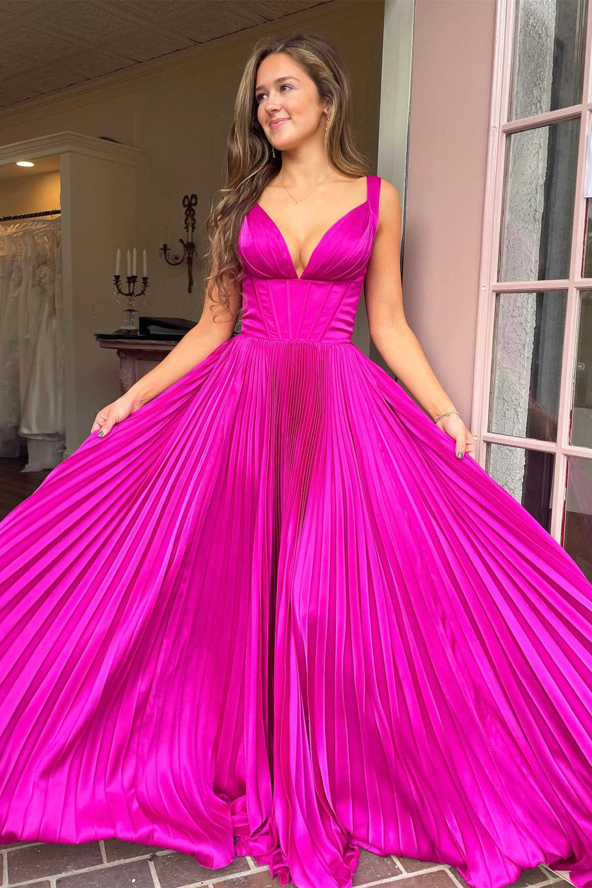 Luella | A-Line V-Neck Fuchsia Pleated Long Prom Dress - Prom Dress - DYAVOR®
