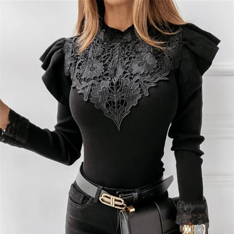 Mina - Women's Sweater with Collar, Ruffles and Lace Details