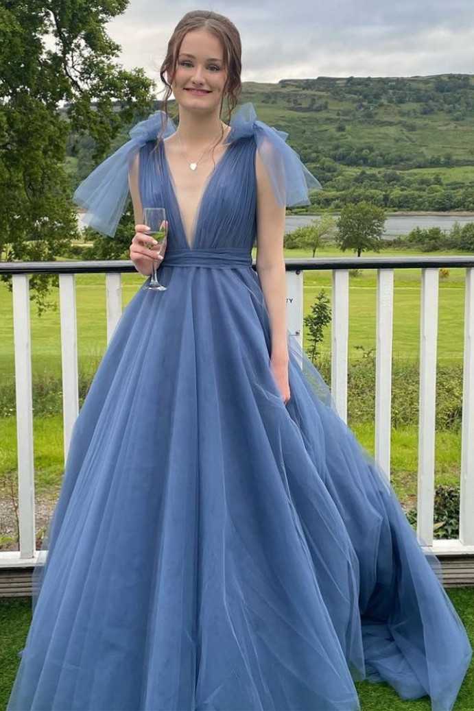 Dark Blue Plunge V Bow-Strap A-Line Long Prom Gown - Prom Dress - DYAVOR®