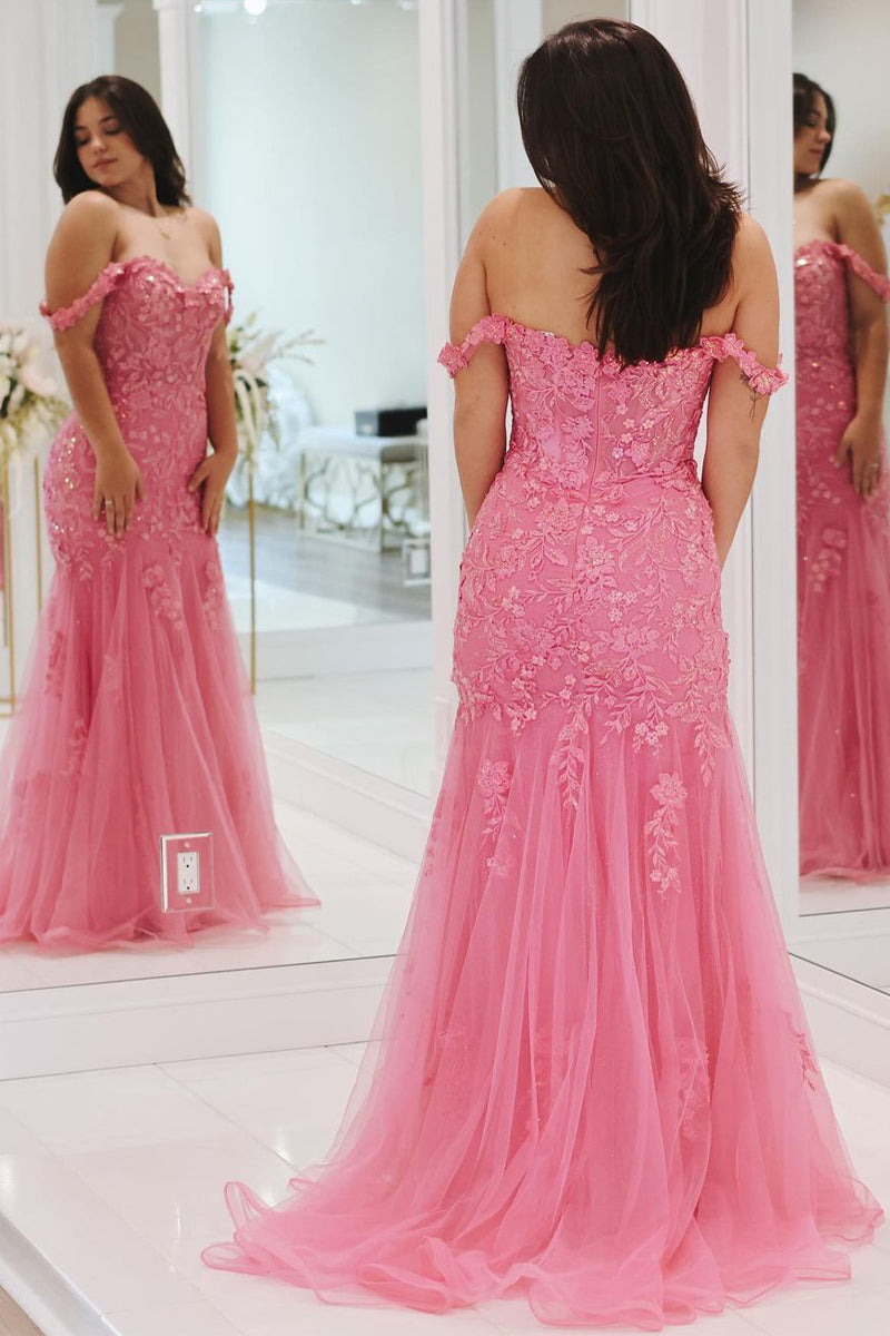 Suzanne | Pink Mermaid Off the Shoulder Tulle Long Prom Dress with Appliques - Prom Dress - DYAVOR®