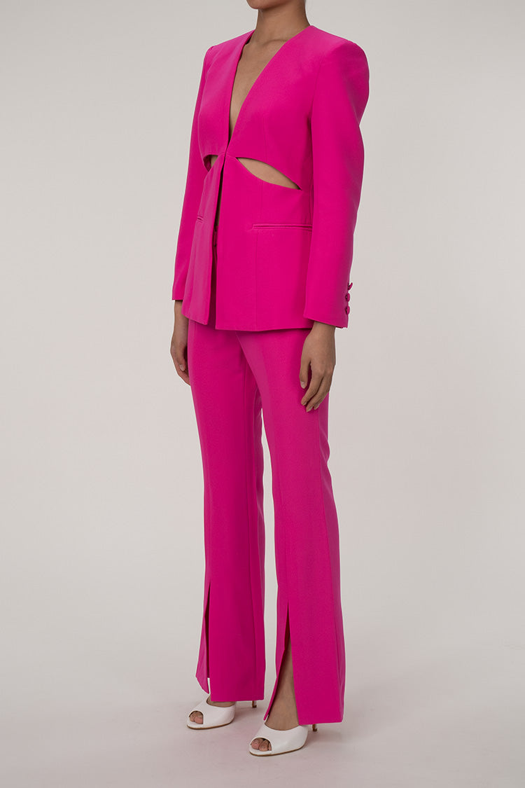 Edge Collarless Cutout Cinch Waist Blazer Two Piece Split Flare Pant Suit - Matching Sets - DYAVOR®
