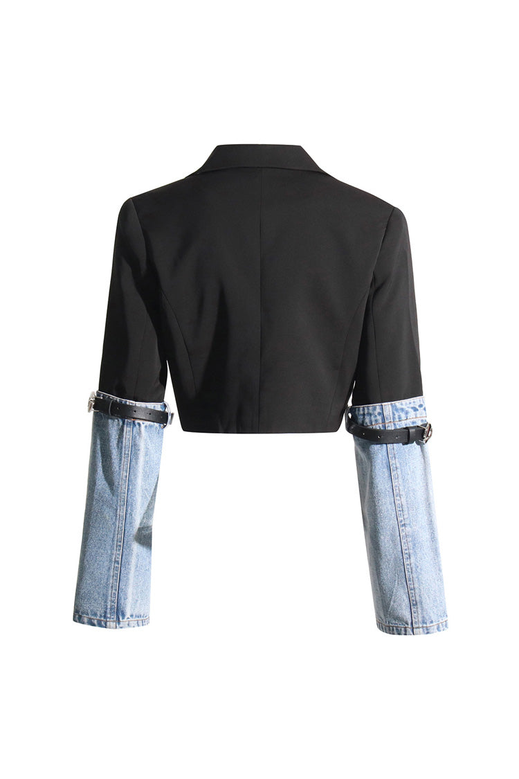 Edgy Two Tone Belted Denim Panel Lapel Single Breasted Crop Blazer - Blazers - DYAVOR®