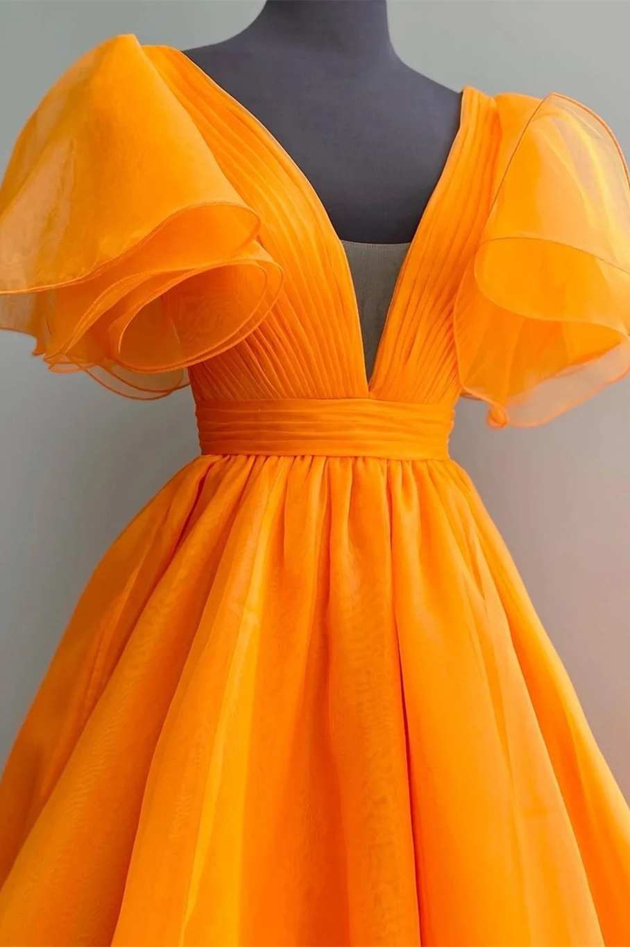 Orange Plunge V Ruffled Sleeve A-Line Long Formal Dress - Prom Dress - DYAVOR®