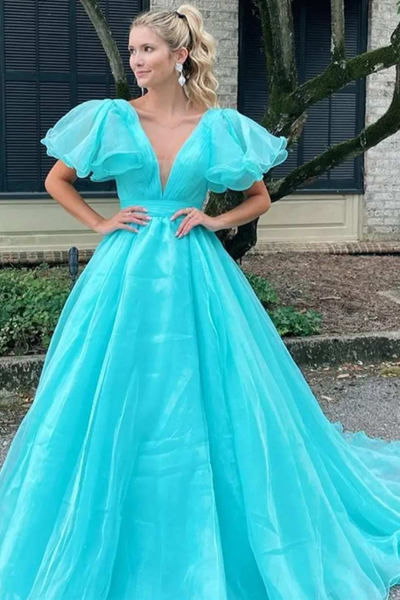Orange Plunge V Ruffled Sleeve A-Line Long Formal Dress - Prom Dress - DYAVOR®