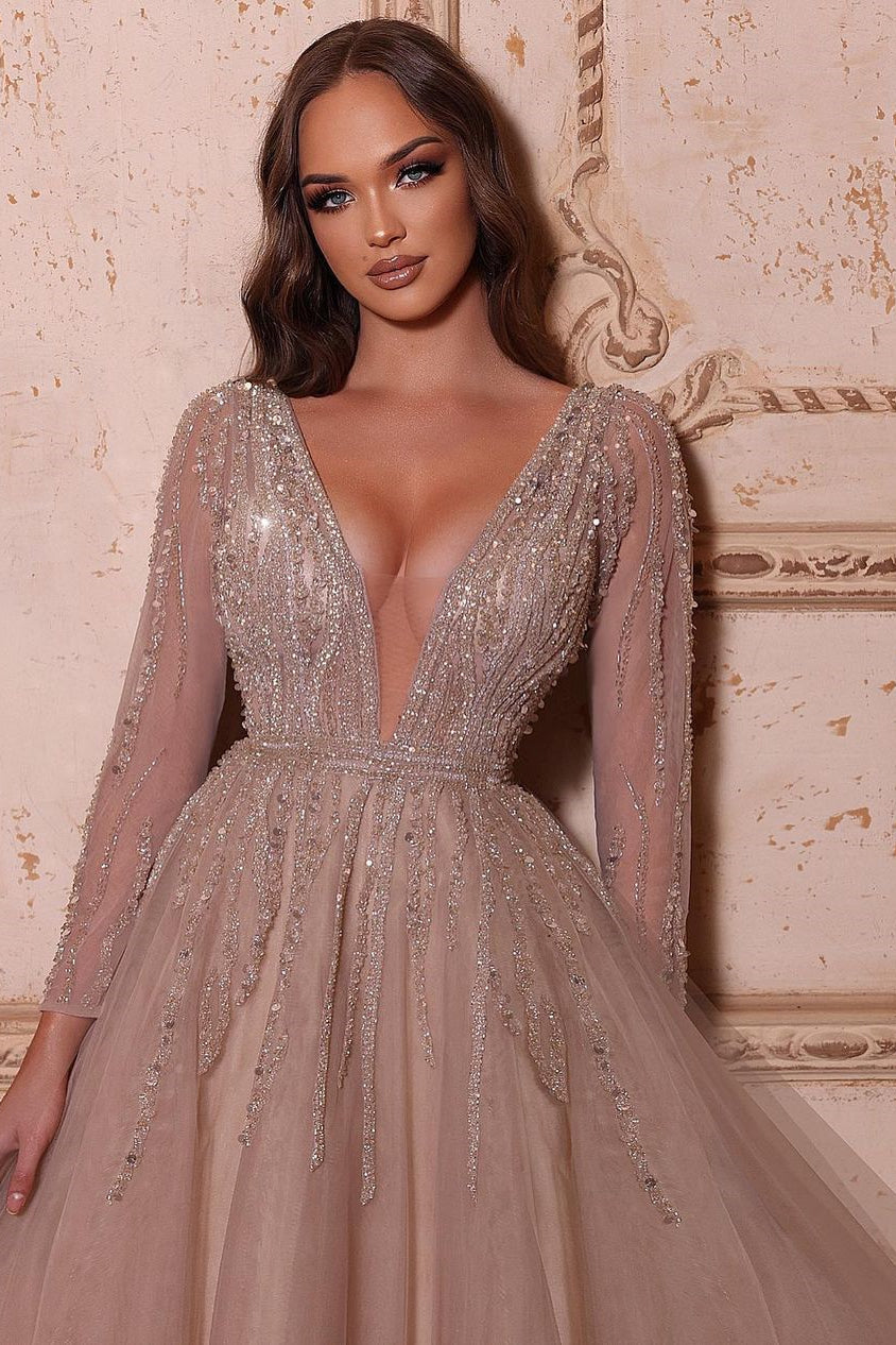 Elegant A-line V-neck Long Sleeves Beading Prom Dress - Prom Dresses - DYAVOR®