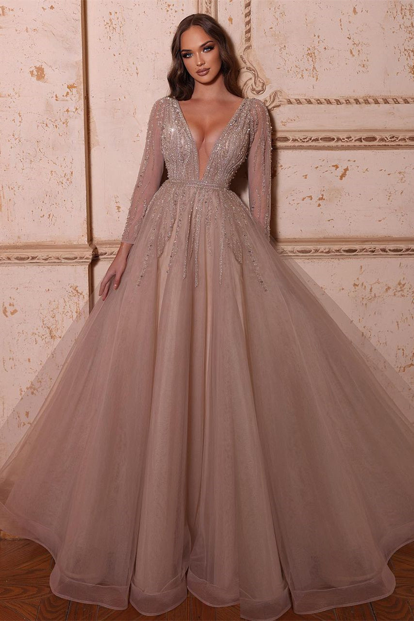 Elegant A-line V-neck Long Sleeves Beading Prom Dress - Prom Dresses - DYAVOR®