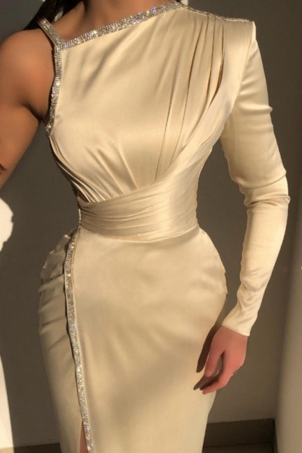 Elegant Ivory One-shoulder Long-Sleeve Sheath Prom Dresses with Sequins - Prom Dresses - DYAVOR®