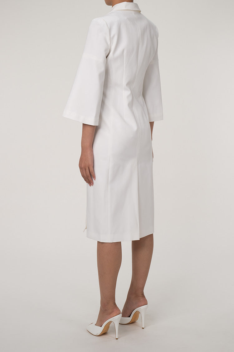 Elegant Lapel Collar Bell Sleeve Double Breasted Tailored Blazer Midi Dress - White - Blazer - DYAVOR®