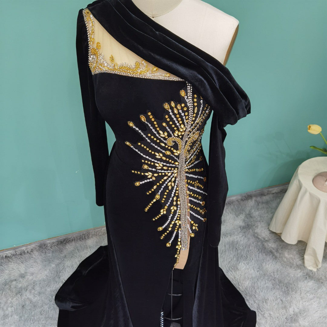 Elegant Long A-line One Shoulder Beading Prom Dress With Long Sleeves - Prom Dresses - DYAVOR®
