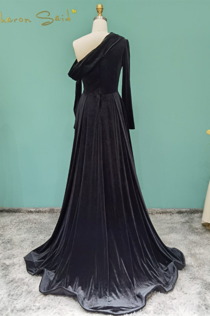 Elegant Long A-line One Shoulder Beading Prom Dress With Long Sleeves - Prom Dresses - DYAVOR®