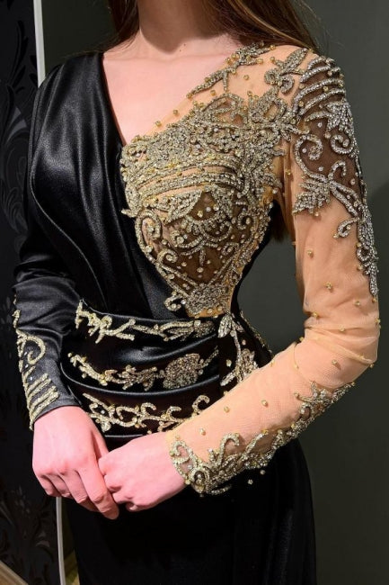 Elegant Long Black Beading Mermaid Evening Dresses With Long Sleeves - Prom Dresses - DYAVOR®