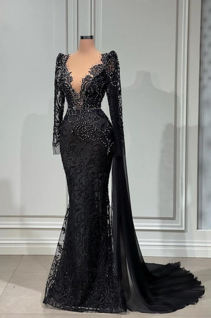 Elegant Long Black V-neck Lace Mermaid Evening Dresses With Long Sleeves - Prom Dresses - DYAVOR®