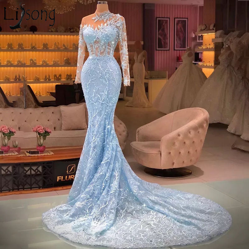 Elegant Long Blue Mermaid Long Sleeves Lace Prom Dress With Train - Prom Dresses - DYAVOR®