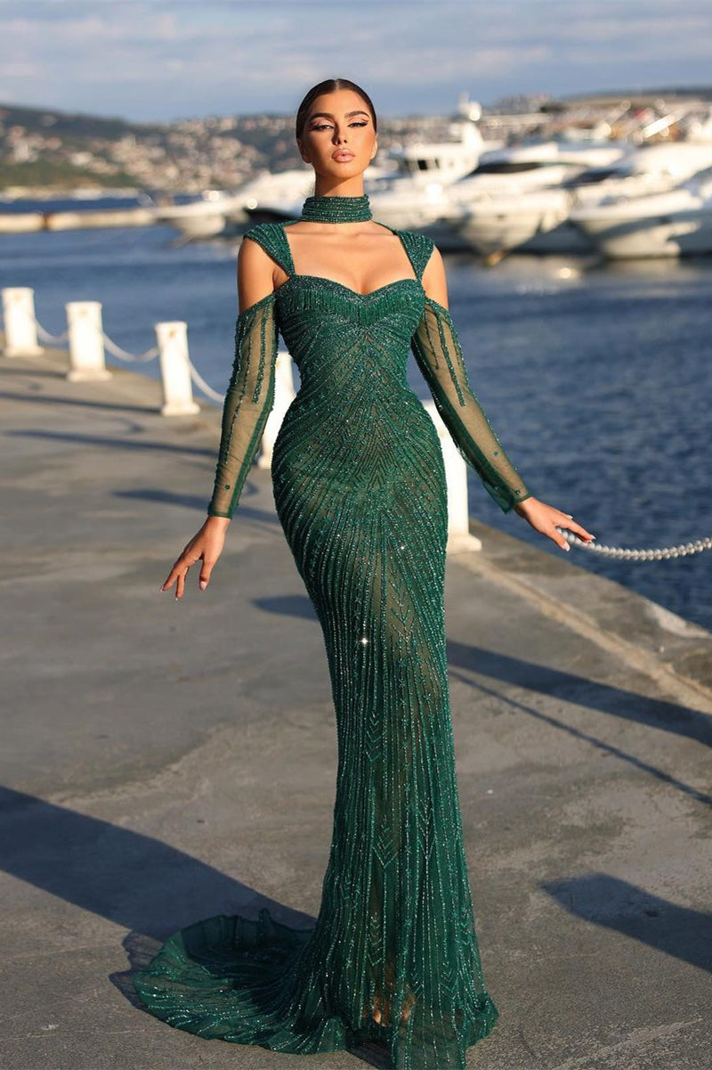 Elegant Long Dark Green Beading Off-the-shoulder Prom Dress With Sleeves - Prom Dresses - DYAVOR®