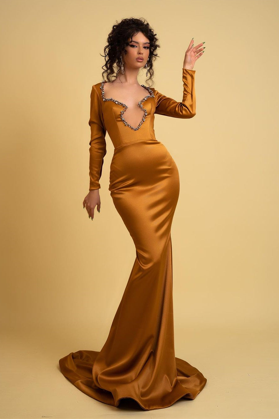 Elegant Long Mermaid Irregular Neckline Satin Rhinestones Prom Dress With Long Sleeves - Prom Dresses - DYAVOR®