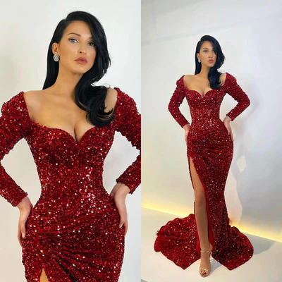 Elegant Long Mermaid Long Sleeves Sequined Prom Dress With Slit - Prom Dresses - DYAVOR®