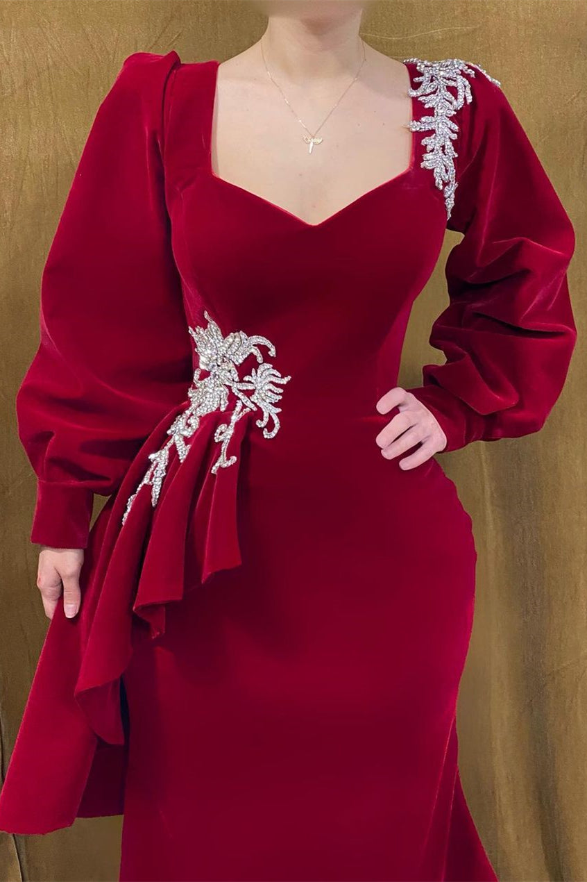 Elegant Long Red Velvet Beading Mermaid Prom Dress With Long Sleeves - Prom Dresses - DYAVOR®