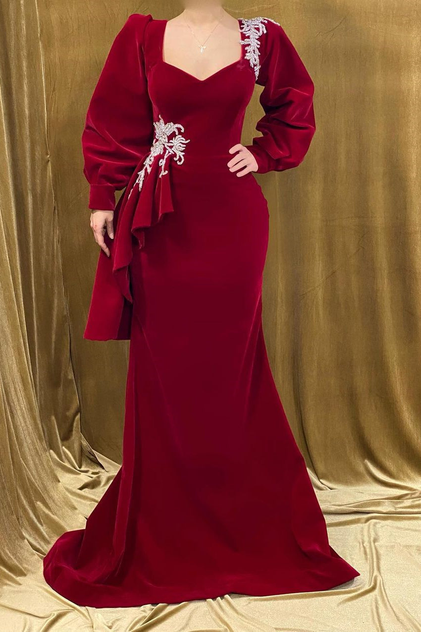 Elegant Long Red Velvet Beading Mermaid Prom Dress With Long Sleeves - Prom Dresses - DYAVOR®