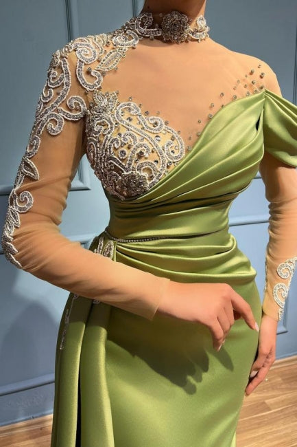 Elegant Long Sage High Neck Mermaid Evening Dresses With Long Sleeves - Prom Dresses - DYAVOR®