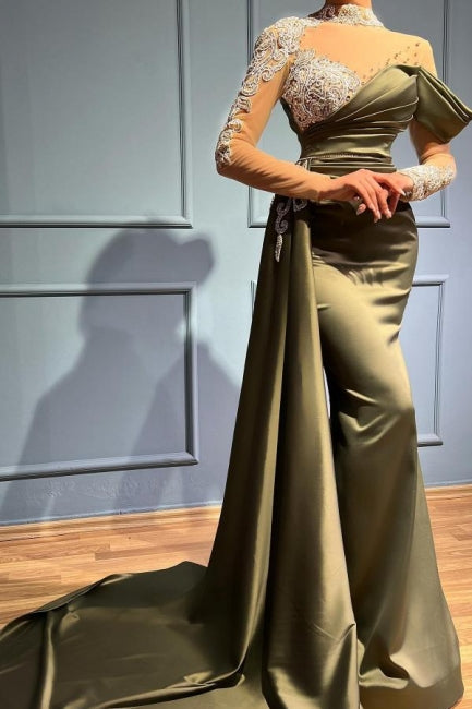 Elegant Long Sage High Neck Mermaid Evening Dresses With Long Sleeves - Prom Dresses - DYAVOR®