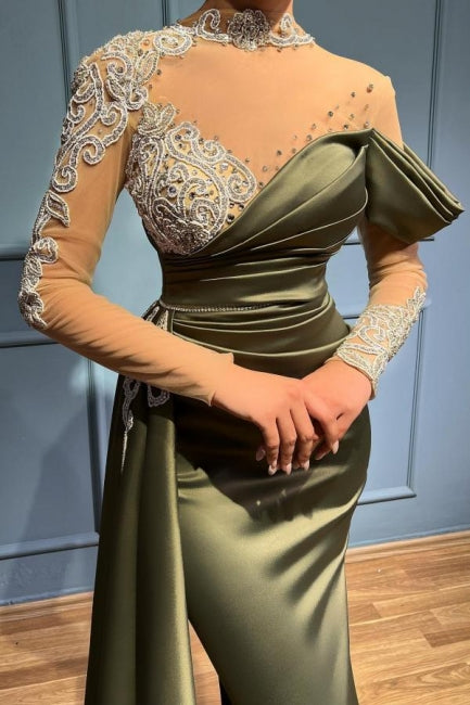 Elegant Long Sage High Neck Mermaid Evening Dresses With Long Sleeves - Prom Dresses - DYAVOR®