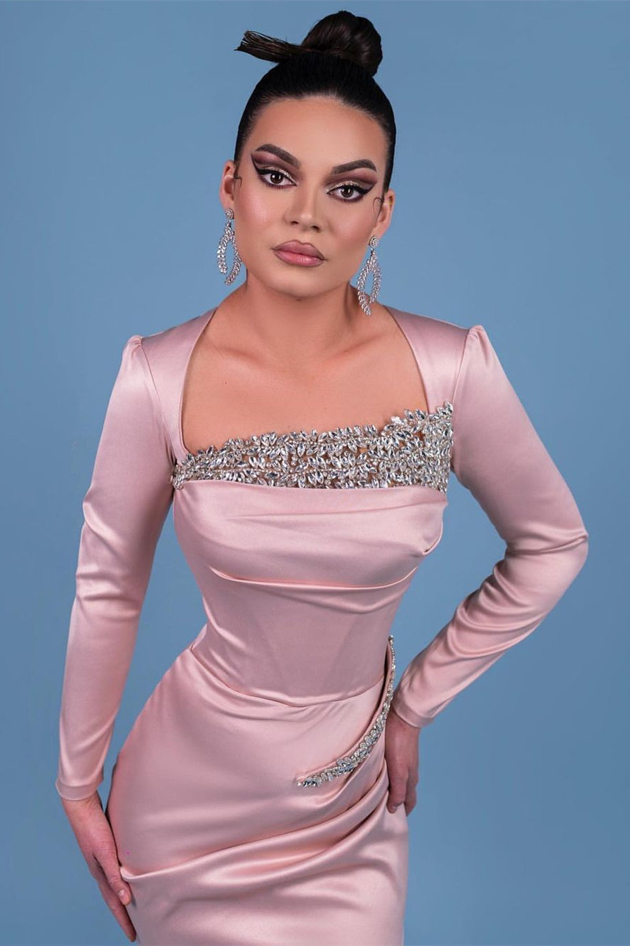 Elegant Long Satin Sleeve Pink Prom Dresses With Rhinestone - Prom Dresses - DYAVOR®