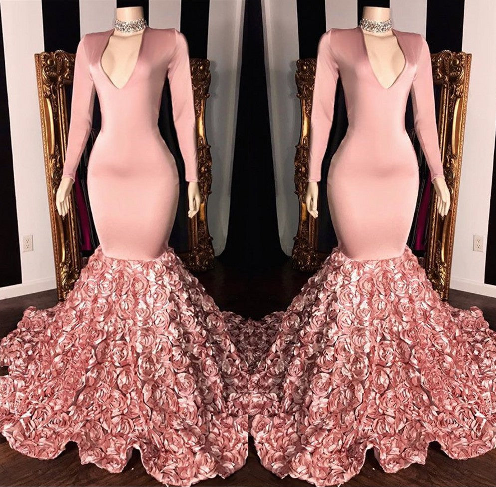 Elegant Long Sleeve Pink Mermaid Flowers Bottom Evening Gowns - Prom Dresses - DYAVOR®