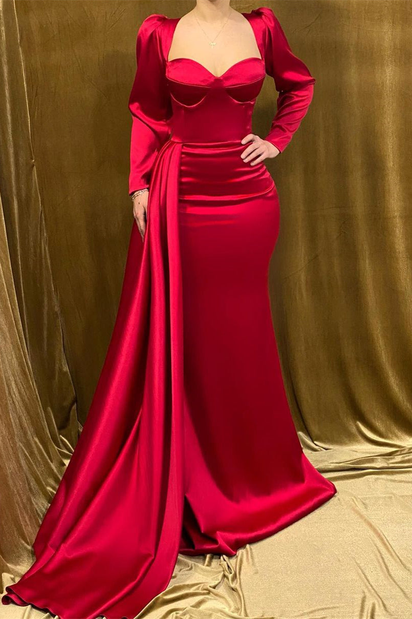 Elegant Long Strapless Red Satin Mermaid Prom Dress With Long Sleeves - Prom Dresses - DYAVOR®