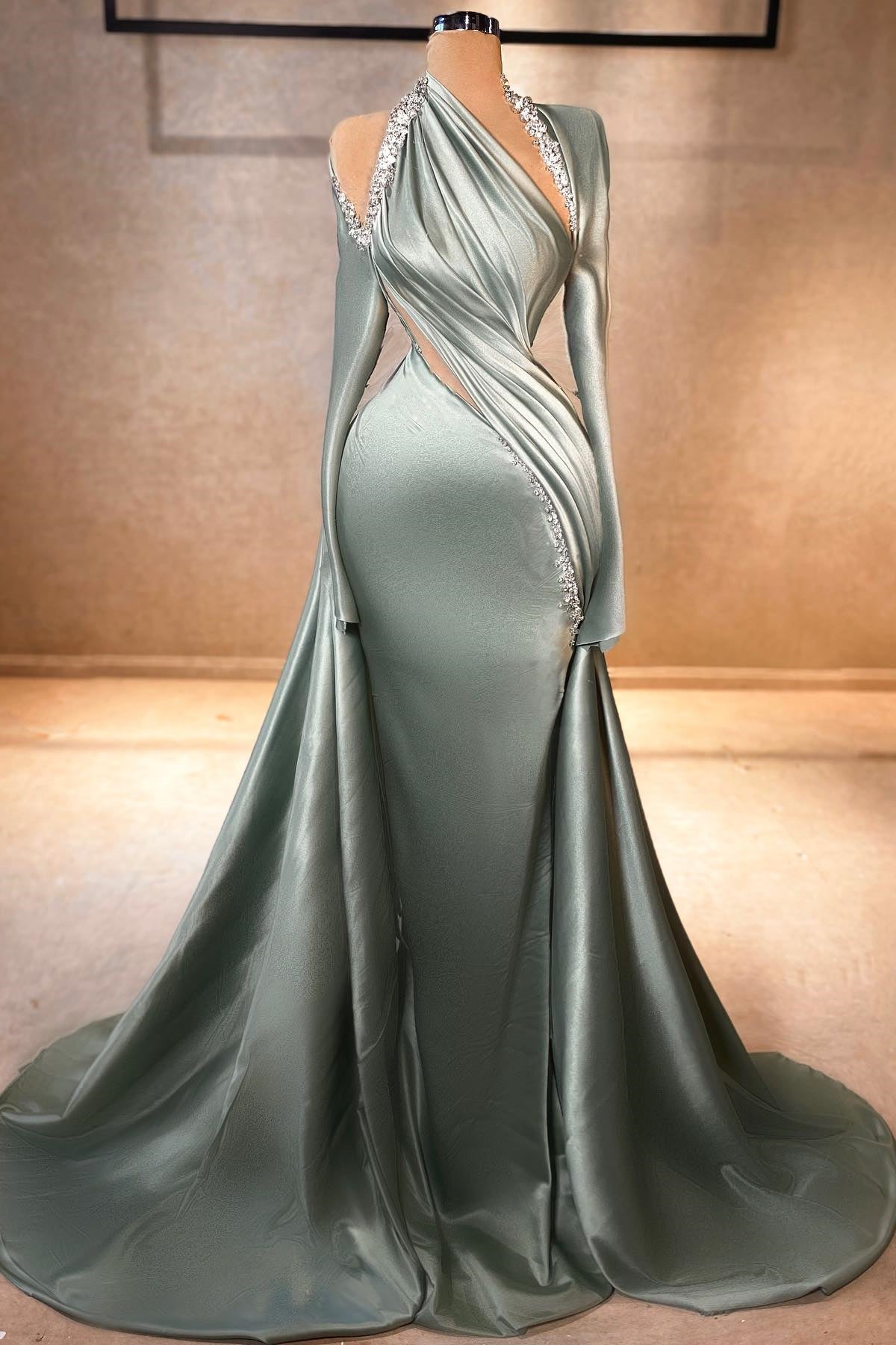 Elegant Mermaid Long Sleeve Halter Ruffles Satin Prom Dresses - Prom Dresses - DYAVOR®