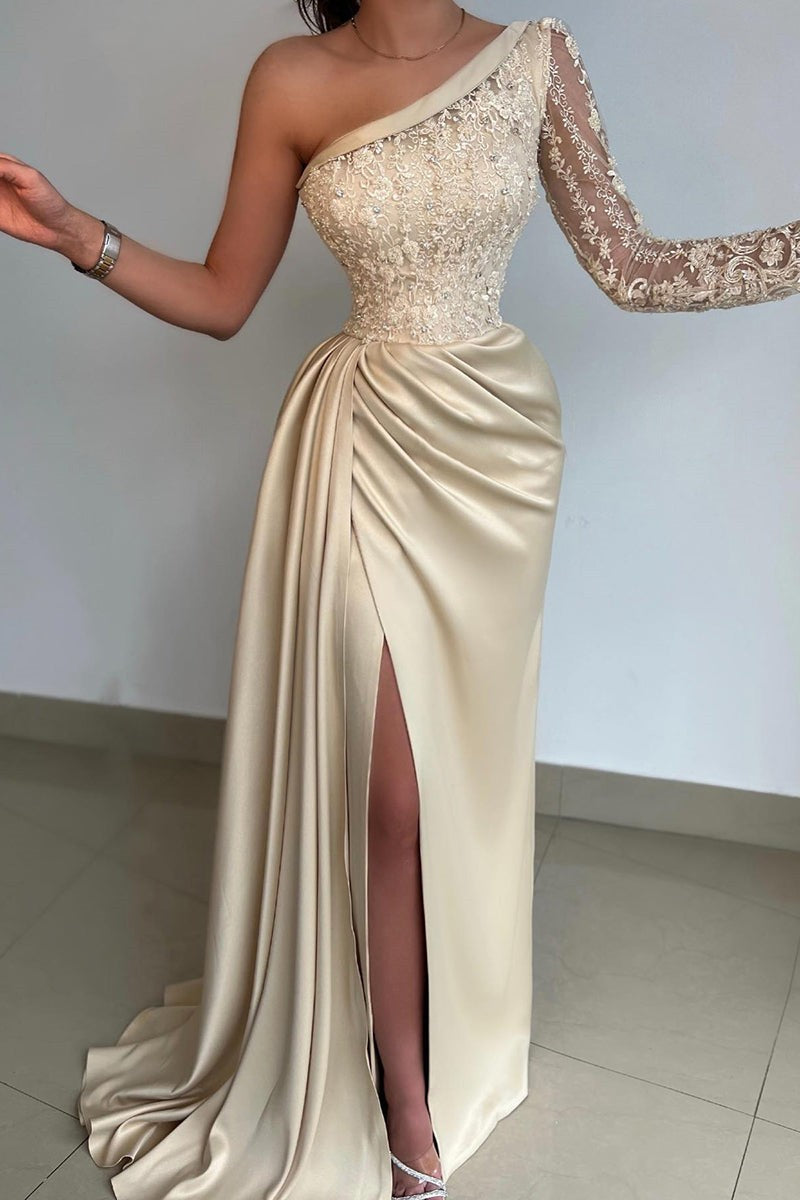 Elegant One Shoulder Lace Long Sleeve Satin Prom Dress With Slit - Prom Dresses - DYAVOR®