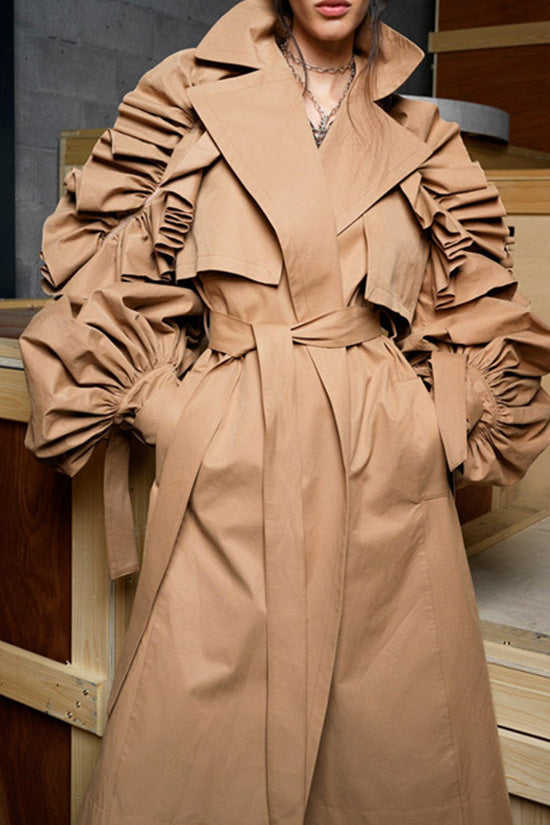 Elegant Puff Sleeve Button Front Belted Cinch Waist Ruffle Trench Coat - Coats - DYAVOR®