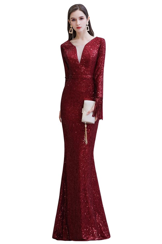 Elegant Sequined Burgundy V-Neck Mermaid Cocktail Party Dress Floor Length - Prom Dresses - DYAVOR®