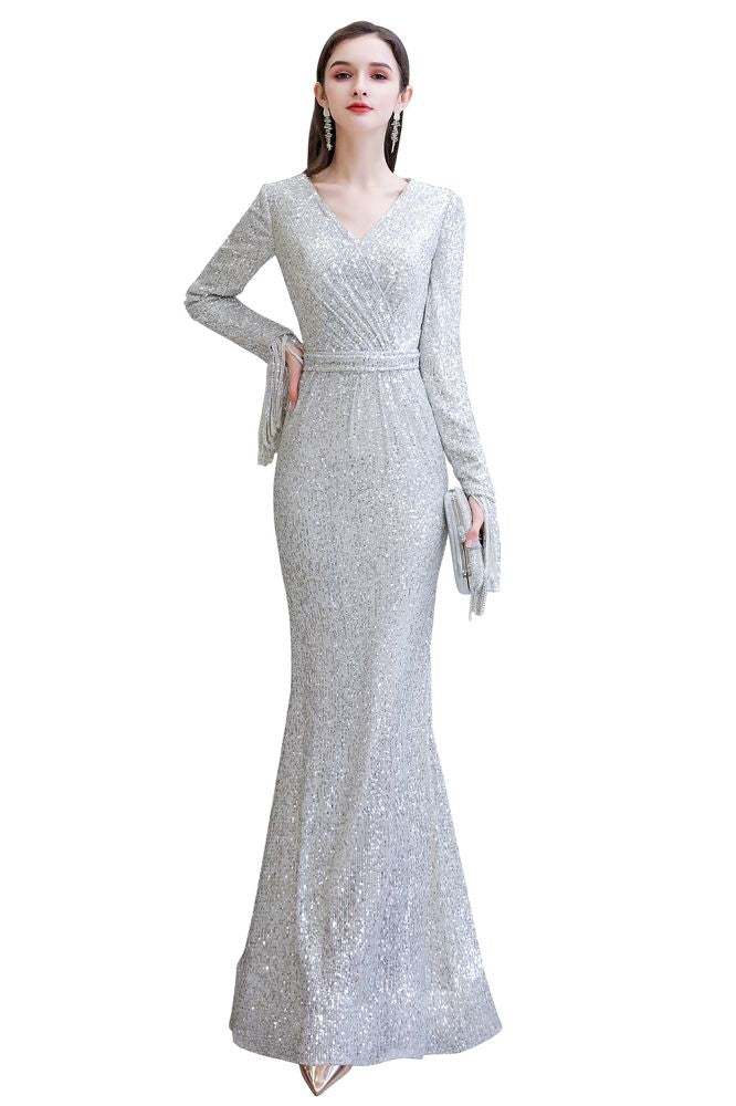 Elegant Sequined Burgundy V-Neck Mermaid Cocktail Party Dress Floor Length - Prom Dresses - DYAVOR®