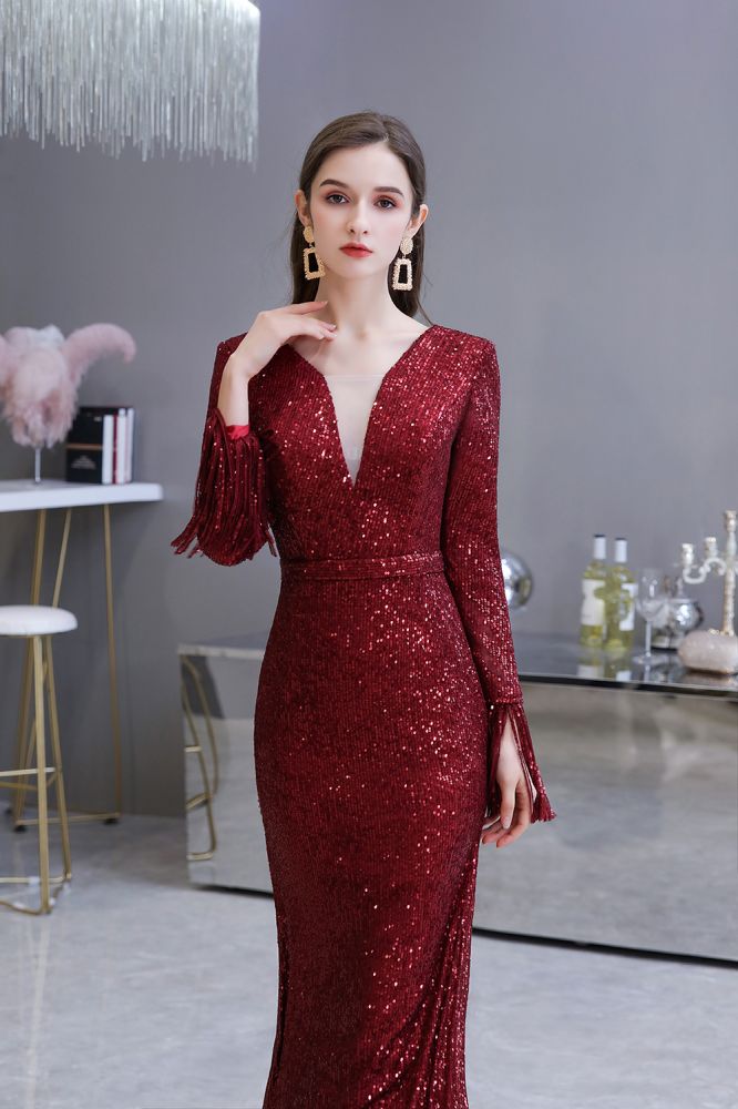 Elegant Sequined Burgundy V-Neck Mermaid Cocktail Party Dress Floor Length - Prom Dresses - DYAVOR®