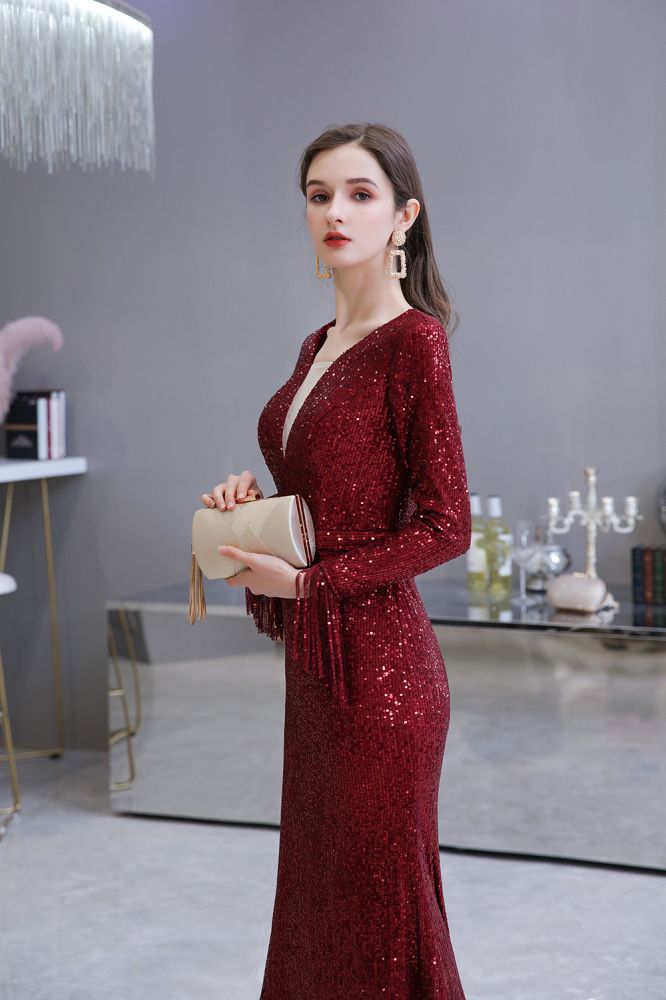 Elegant Sequined Burgundy V-Neck Mermaid Cocktail Party Dress Floor Length - Prom Dresses - DYAVOR®