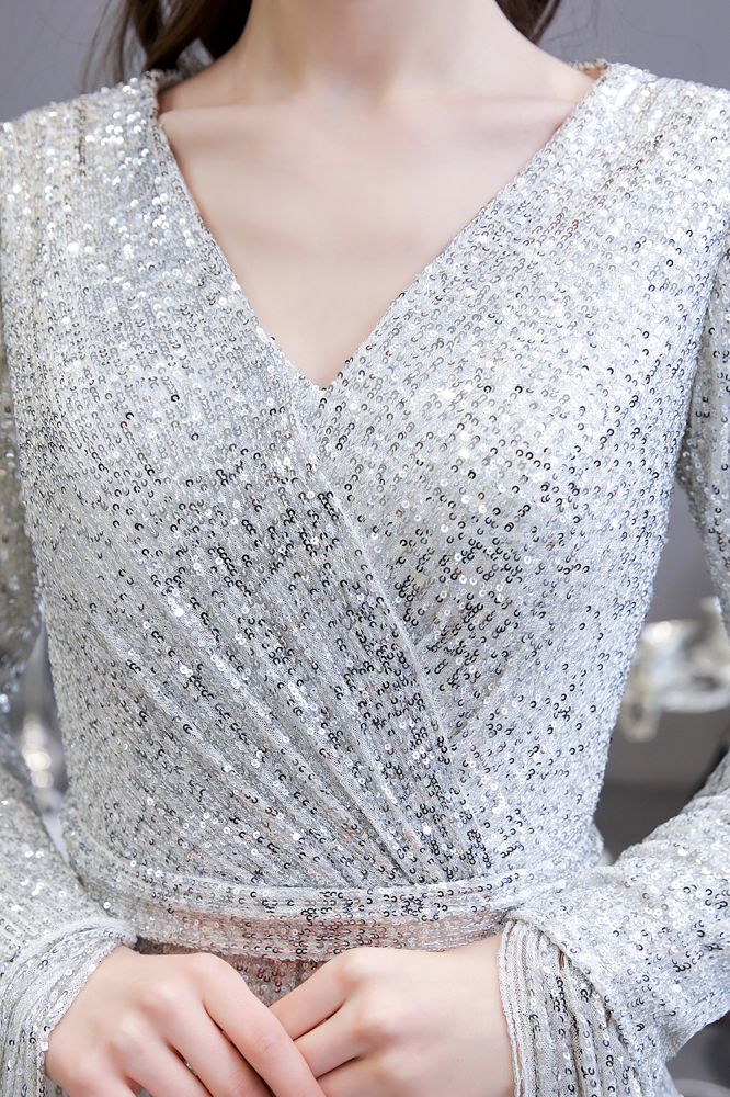 Elegant Sequined Burgundy V-Neck Mermaid Cocktail Party Dress Floor Length - Prom Dresses - DYAVOR®