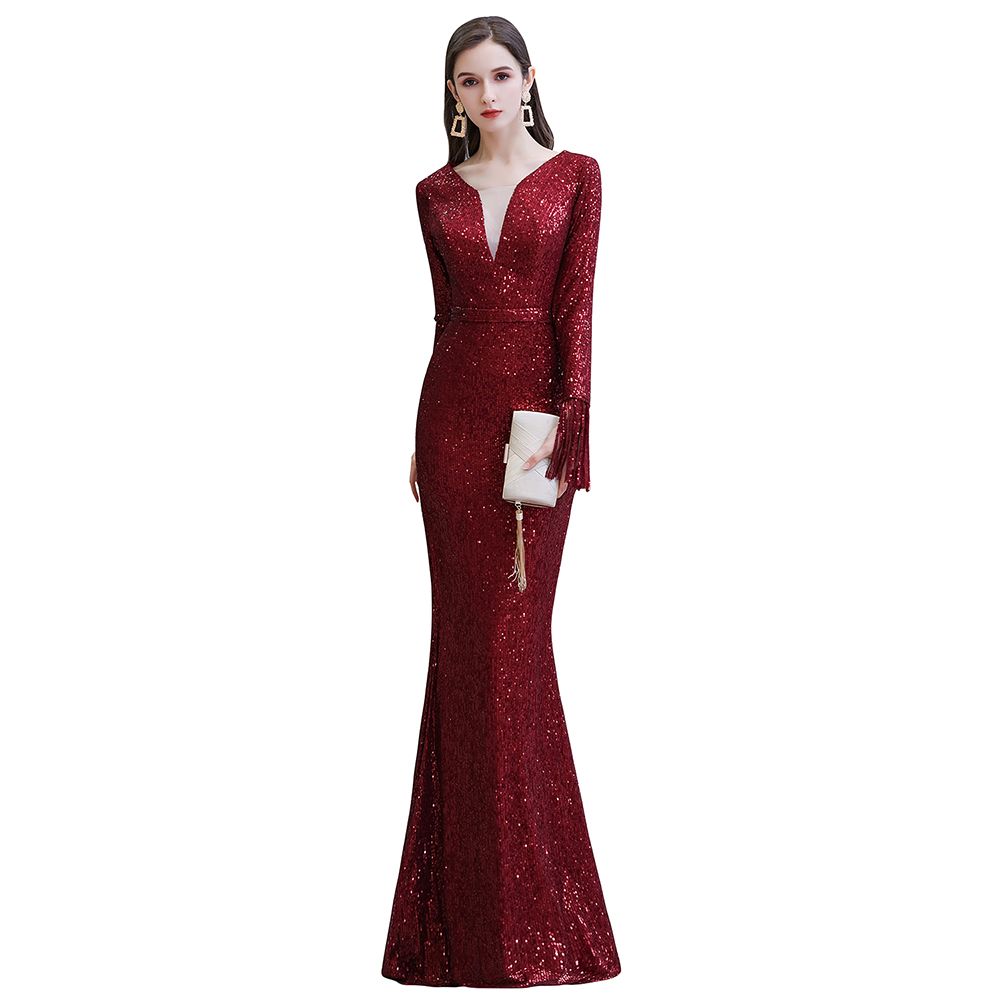 Elegant Sequined Burgundy V-Neck Mermaid Cocktail Party Dress Floor Length - Prom Dresses - DYAVOR®