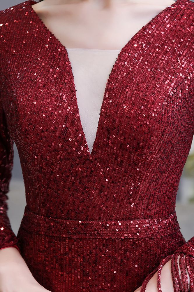 Elegant Sequined Burgundy V-Neck Mermaid Cocktail Party Dress Floor Length - Prom Dresses - DYAVOR®